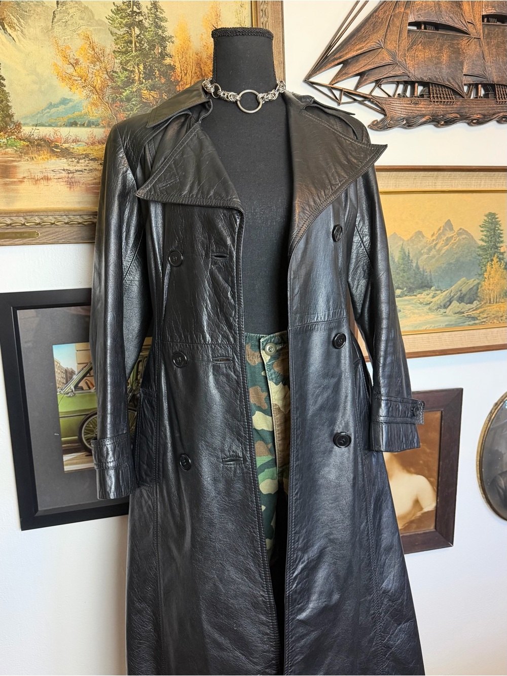 Vintage 1970s-80s Black Leather Belted Trench Coat XS-S - Picture 4 of 15